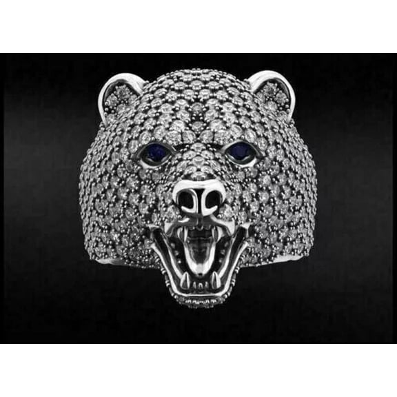 Gems Jewels 2 Ct Round Cut Diamond & Sapphire Wedding Engagement Bear Ring 14K White Gold Plated 925 Sterling Silver For Men's -8.5