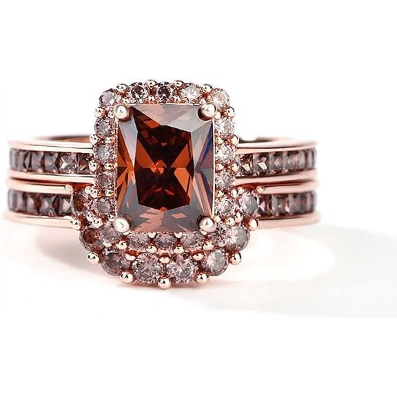 Gems & Jewels 3.00 Ct Emerald Cut Brown Diamond Engagement Wedding Thanksgiving Christmas Bridal Ring Set 14K Rose Gold Plated 925 Sterling Silver For Women's -4