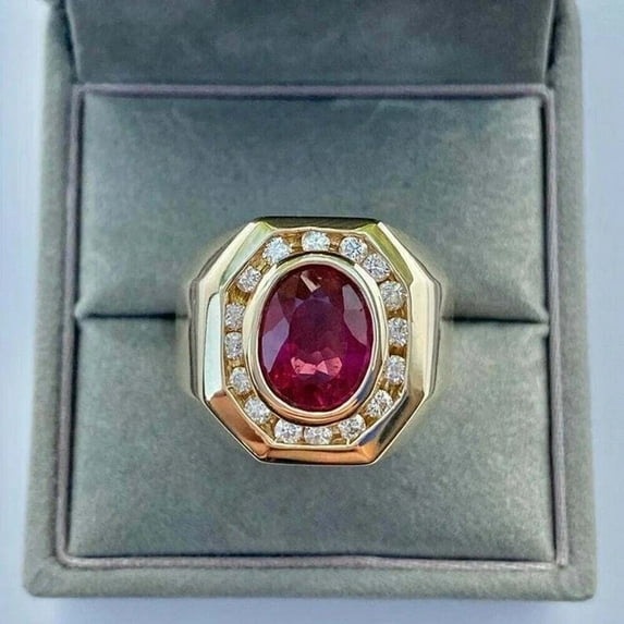 Gems Jewels 3.00 Ctw Oval Cut Red Ruby & Diamond Wedding Anniversary Engagement Band Cluster Ring 14K Yellow Gold Plated 925 Sterling Silver 925 Sterling Silver For Men's -8