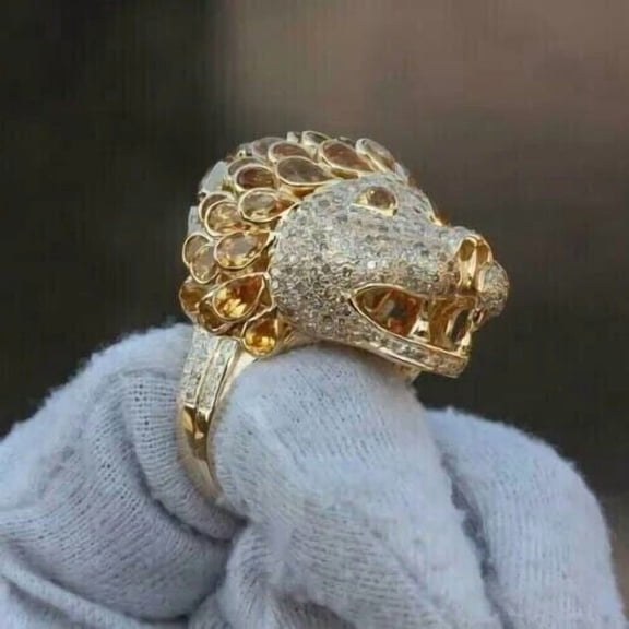 Gems Jewels 5.00 Ctw Round Cut White Diamond Wedding Anniversary Engagement Lion Hip Hop Band Mens Ring 14K Yellow Gold Plated 925 Sterling Silver 925 Sterling Silver -7