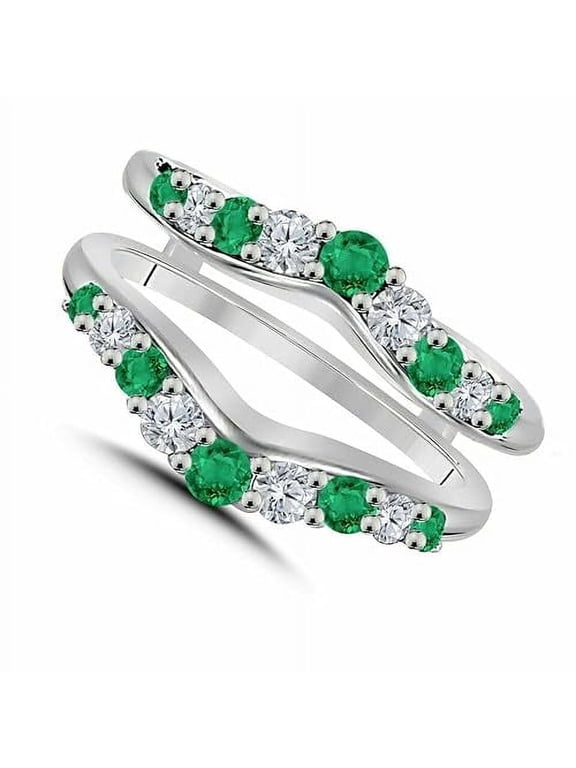 925 Sterling Silver 1.85 Ct Round Cut Green Emerald & Diamond Wrap Enhancer Guard Engagement Wedding Ring 14K White Gold Plated For Women's -5