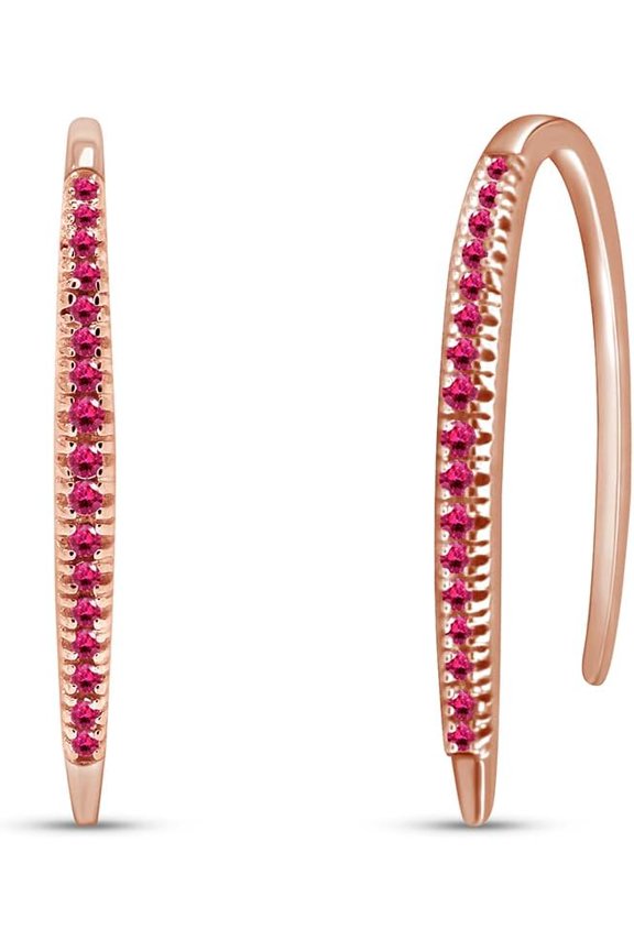 925 Sterling Silver 1 Ct Round Cut Ruby Bar Hoop Earrings For Women's 14K Rose Gold Plated