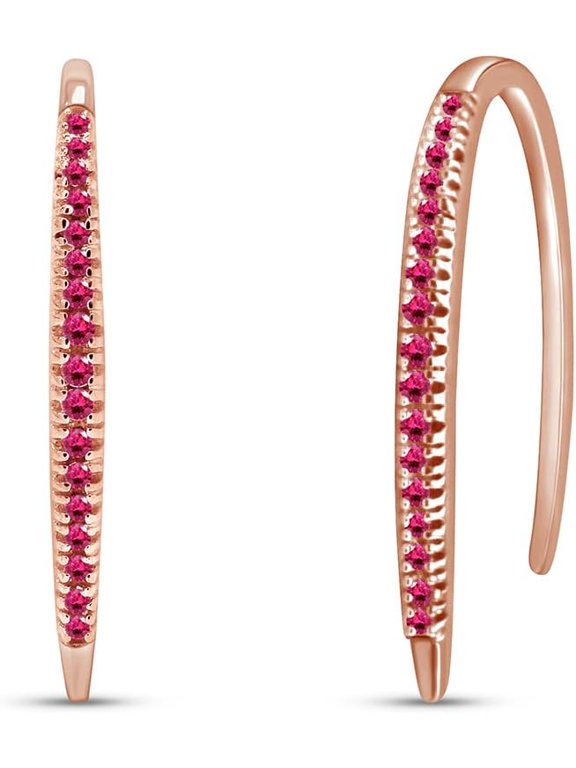 925 Sterling Silver 1 Ct Round Cut Ruby Bar Hoop Earrings For Women's 14K Rose Gold Plated