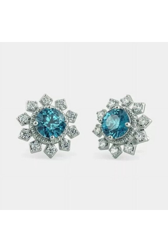 925 Sterling Silver 1 Ct Round Cut White Diamond & blue Topaz Halo Push Back Stud Earring's 14K White Gold Plated For Women's