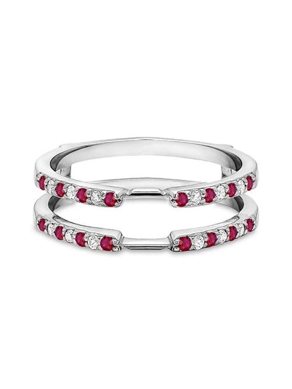 925 Sterling Silver 14K White Gold Plated 1.65 Ct Round Cut Red Ruby & Diamond Wedding Engagement Enhancer Guard Wrap Ring For Women's -5.5