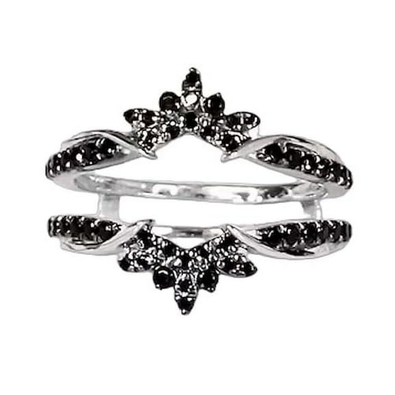 Gems Jewels 925 Sterling Silver 14K White Gold Plated 1.72 Ct Round Cut Black Diamond Wedding Engagement Enhancer Guard Wrap Ring For Women's -8.5