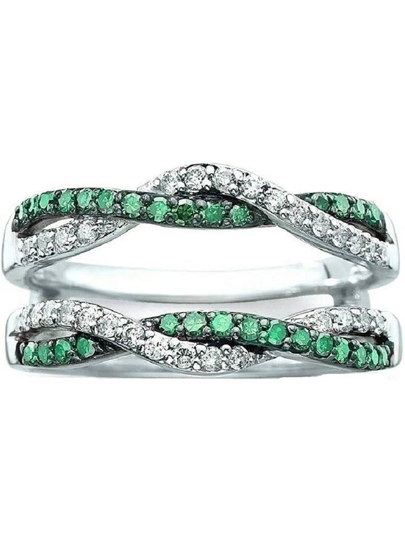 925 Sterling Silver 14K White Gold Plated 1.90 Ct Round Cut Green Emerald & Diamond Wrap Enhancer Guard Engagement Wedding Ring For Women's -4.5