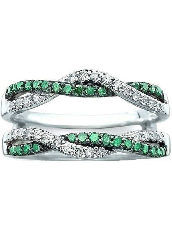 925 Sterling Silver 14K White Gold Plated 1.90 Ct Round Cut Green Emerald & Diamond Wrap Enhancer Guard Engagement Wedding Ring For Women's -5.5