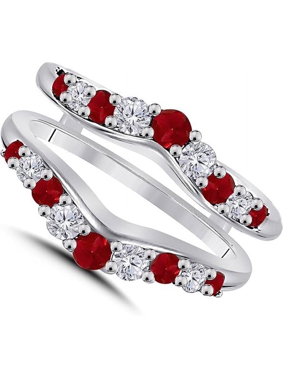 925 Sterling Silver 14K White Gold Plated 2.00 Ct Round Cut Red Ruby Wedding Engagement Enhancer Guard Wrap Ring For Women's -5