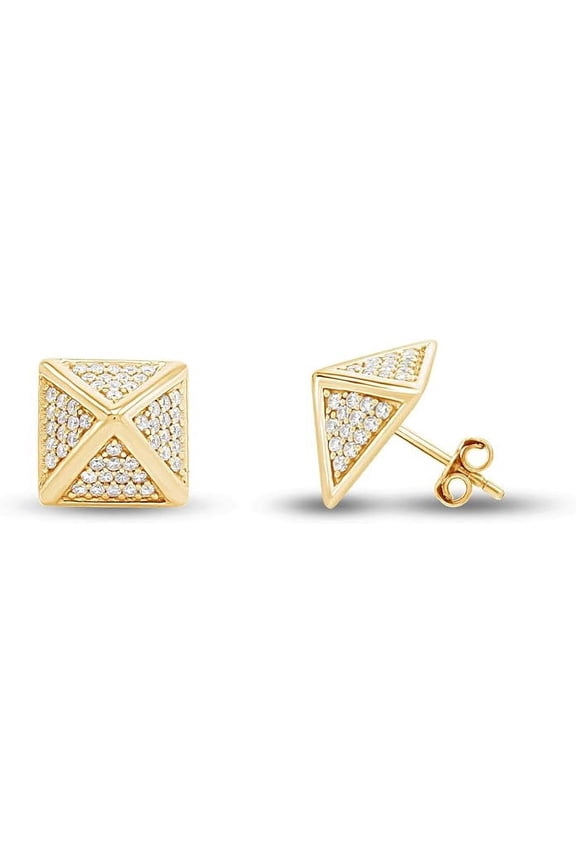 925 Sterling Silver 1Ct Round Cut White Diamond Pyramid Push Back Stud Earring's 14K Yellow Gold Plated For Women's