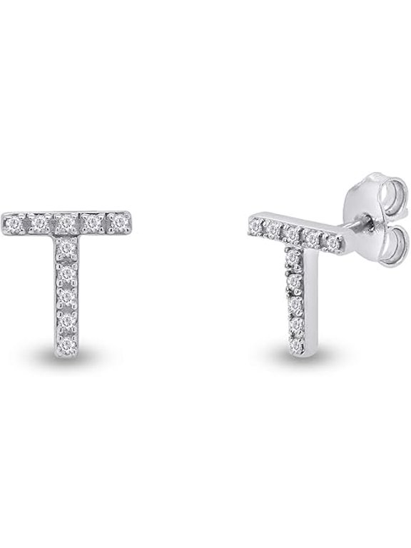 925 Sterling Silver 1Ct Round Cut White Diamond T Initial Push Back Stud Earring's 14K White Gold Plated For Women's