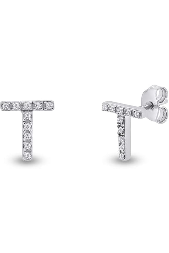 925 Sterling Silver 1Ct Round Cut White Diamond T Initial Push Back Stud Earring's 14K White Gold Plated For Women's