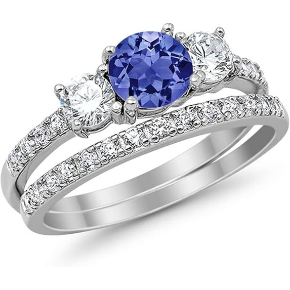 Gems Jewels 925 Sterling Silver 2.00 Ct Round Cut Blue Tanzanite Christmas Thanksgiving Engagement Wedding Bridal Ring Set 14K White Gold Plated For Women's -6