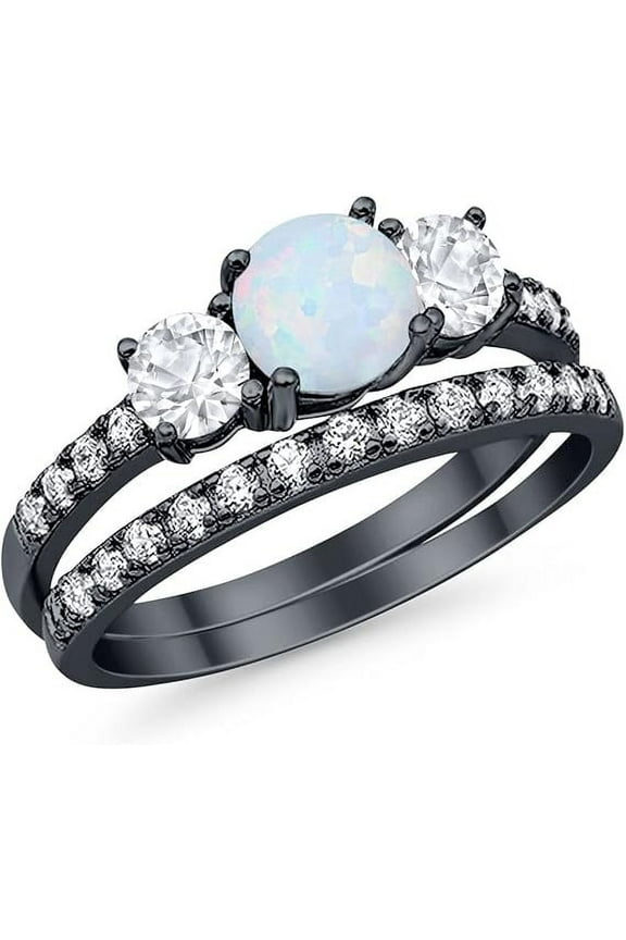 925 Sterling Silver 2.00 Ct Round Cut Fire Opal Engagement Wedding Christmas Thanksgiving Bridal Ring Set 14K Black Gold Plated For Women's -6