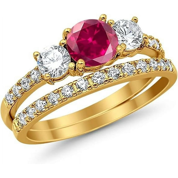 Gems Jewels 925 Sterling Silver 2.00 Ct Round Cut Red Ruby Engagement Wedding Christmas Thanksgiving Bridal Ring Set 14K Yellow Gold Plated For Women's -10