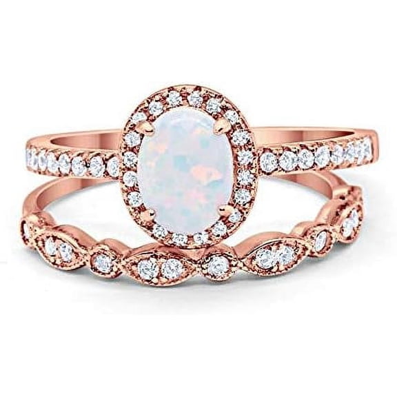 Gems Jewels 925 Sterling Silver 2.20 Ct Oval Cut Fire Opal Wedding Engagement Thanksgiving Christmas Bridal Ring Set 14K Rose Gold Plated For Women's -10