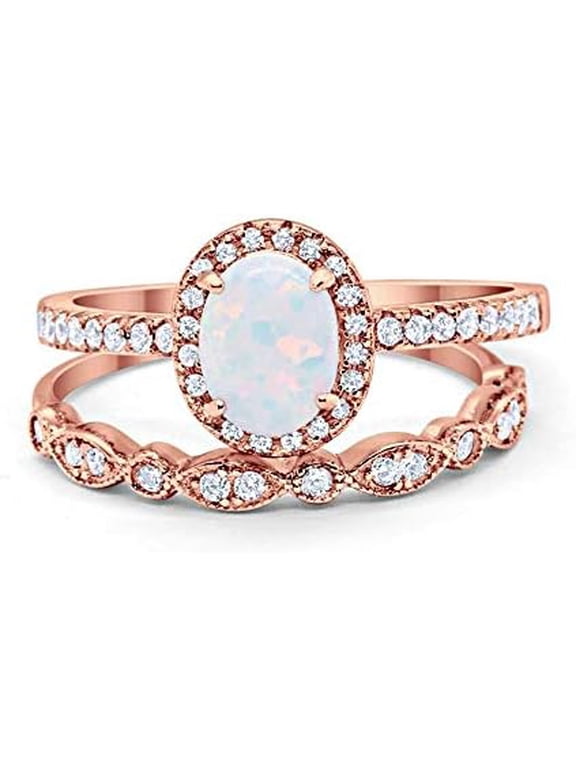 925 Sterling Silver 2.20 Ct Oval Cut Fire Opal Wedding Engagement Thanksgiving Christmas Bridal Ring Set 14K Rose Gold Plated For Women's -9