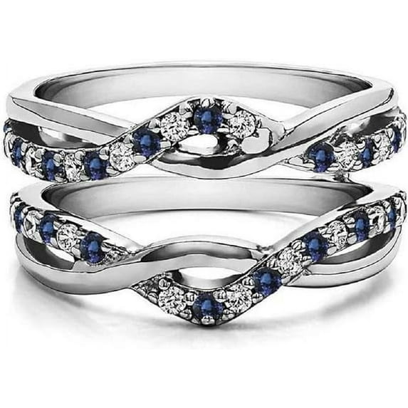 Gems Jewels 925 Sterling Silver 2.20 Ct Round Cut Blue Sapphire & Diamond Wedding Engagement Enhancer Guard Wrap Ring 14K White Gold Plated For Women's -10