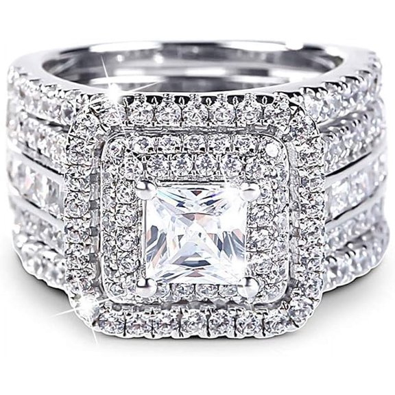 Gems Jewels 925 Sterling Silver 2.30 Ct Princess Cut White Diamond Wedding Engagement Valentine's Anniversary Christmas Bridal Ring Set 14K White Gold Plated For Women's -6