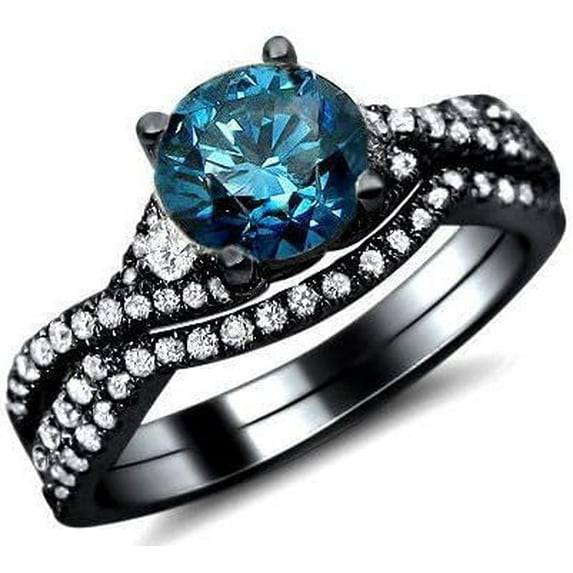 Gems Jewels 925 Sterling Silver 2.35 Ct Round Cut Blue Topaz Christmas Wedding Engagement Thanksgiving Bridal Ring Set For Women's 14K Black Gold Plated -4