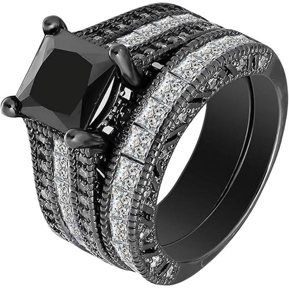 Gems Jewels 925 Sterling Silver 2.45 Ct Princess Cut Black Diamond Christmas Wedding Engagement Thanksgiving Bridal Ring Set For Women's 14K Black Gold Plated -7.5