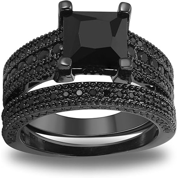 Gems Jewels 925 Sterling Silver 2.45 Ct Princess Cut Black Diamond Christmas Wedding Engagement Thanksgiving Bridal Ring Set For Women's 14K Black Gold Plated -4.5