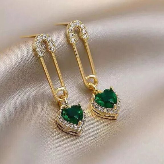 Gems Jewels 925 Sterling Silver 2Ct Heart Cut Emerald Safty Pin Drop Dangle Earring's For Women's 14K Yellow Gold Plated