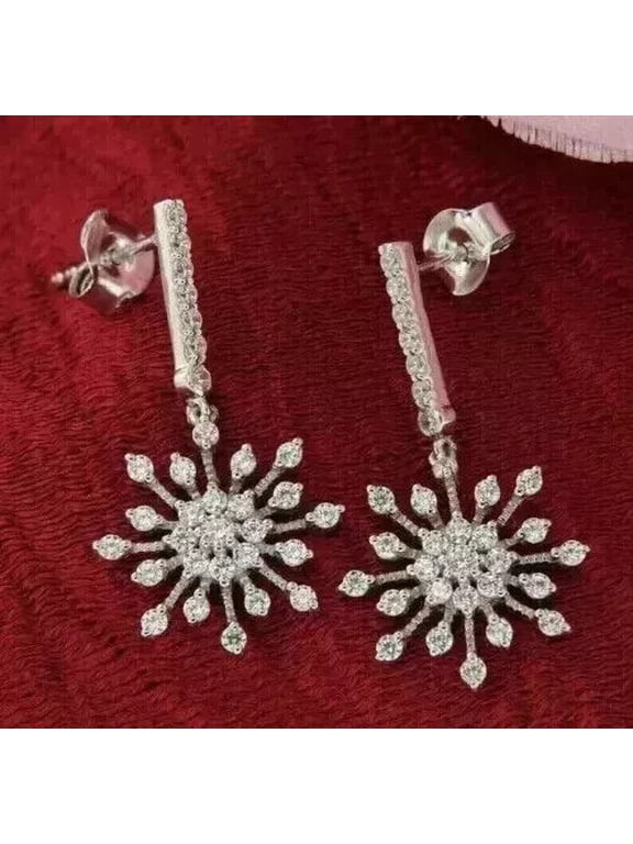 925 Sterling Silver 2Ct Round Cut White Diamond Snowflake Drop Dangle Earring's For Women's 14K White Gold Plated