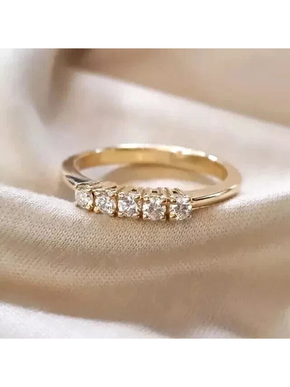 925 Sterling Silver Gold-Plated Five Stone Ring for Women, Diamond CZ-5