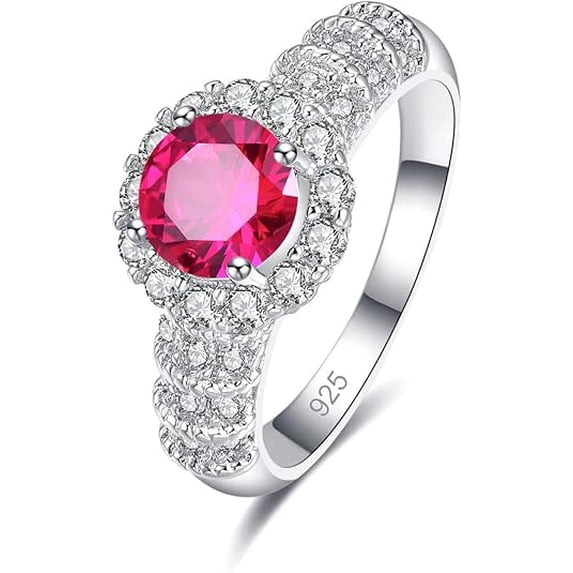 Silver Pickup Rings Gems&Jewels 925 Sterling Silver Halo Ring for Women, Round Pink Ruby ...