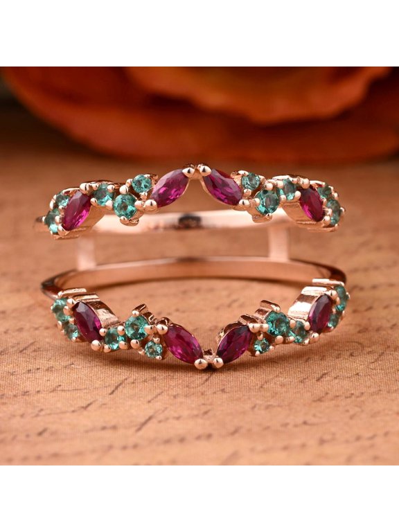 Cluster Ring Enhancer Guard for Women, 925 Sterling Silver Rose Gold Plated,Red Ruby and Green -4.5