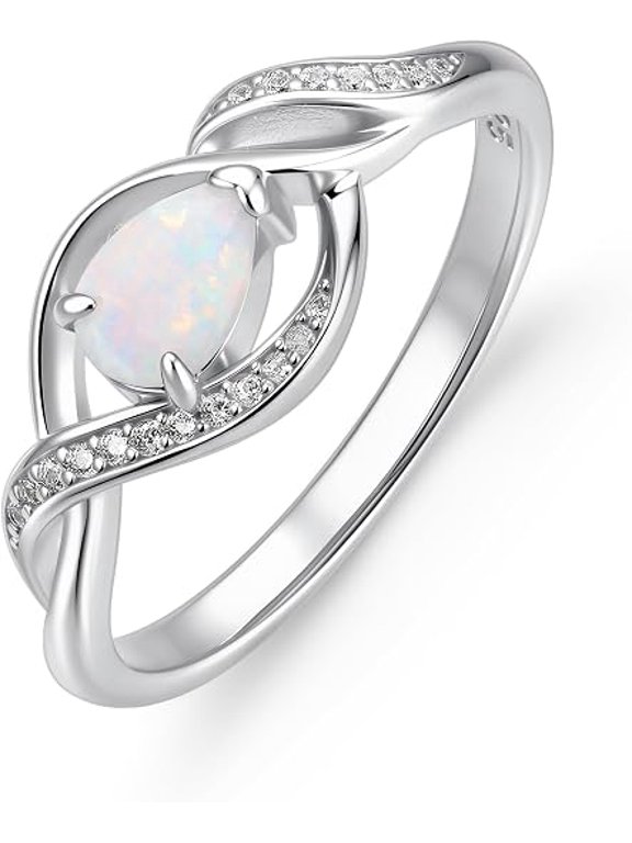 Fire Opal Oval Cut Ring for Women, 14K White Gold Plated 925 Sterling Silver, Twisted Pave Accent Engagement Ring-8