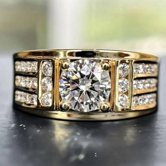 Gems Jewels Men's 925 Sterling Silver 3.20 Ctw Round Cut White Diamond Wedding Anniversary Engagement Band Ring 14K Yellow Gold Plated -4