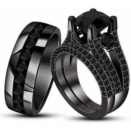 Gems Jewels Unisex 925 Sterling Silver 2.20 Ct Round Cut Black Diamond Wedding Engagement Trio Ring Set 14K Black Gold Plated For Men's & Women's -6.5