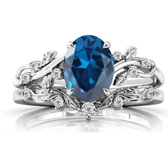Gems Jewels Women's 925 Sterling Silver 2.25 Ct Oval Cut Blue Sapphire Christmas Thanksgiving Engagement Bridal Ring Set 14K White Gold Plated -7