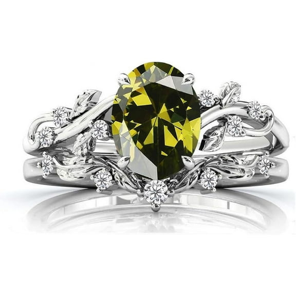 Gems Jewels Women's 925 Sterling Silver 2.25 Ct Oval Cut Green Peridot Christmas Thanksgiving Engagement Bridal Ring Set 14K White Gold Plated -8.5