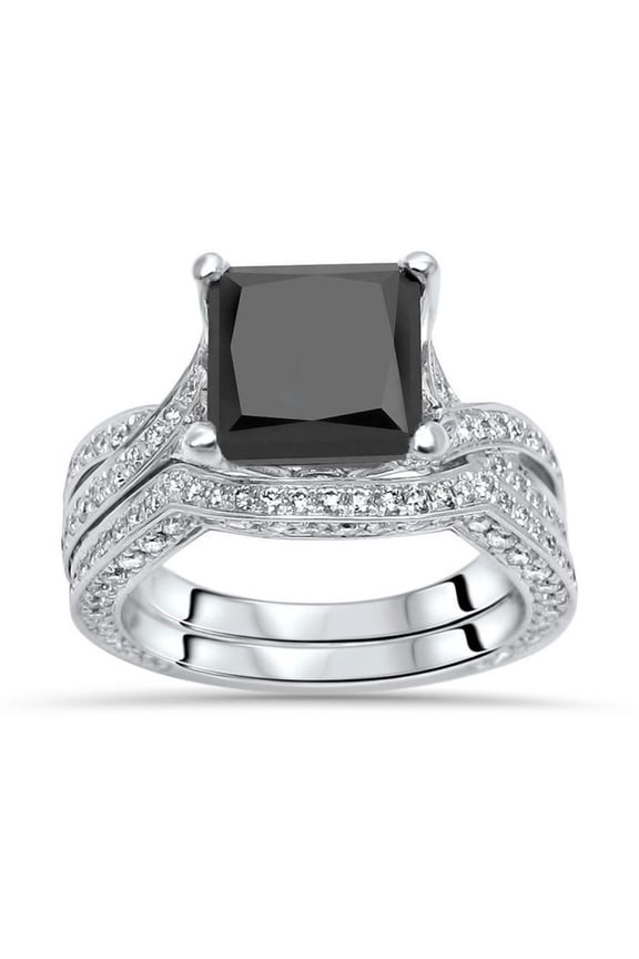 Women's 925 Sterling Silver 2.30 Ct Princess Cut Black Diamond Engagement Wedding Thanksgiving Christmas Bridal Ring Set 14K White Gold Plated -6