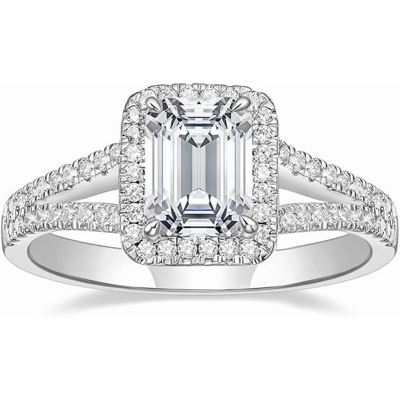 Gems Jewels Women's 925 Sterling Silver 2.55 Ctw Emerald Cut White Diamond Wedding Engagement Anniversary Halo Ring 14K White Gold Plated -5.5