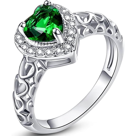 Silver Pickup Rings Gems Jewels925 Sterling Silver Heart Halo Ring for Women Green Emerald ...