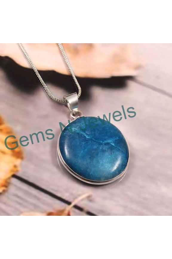 925 Sterling Silver Beautiful Round Blue Agate Pendant Necklace For Men/Women