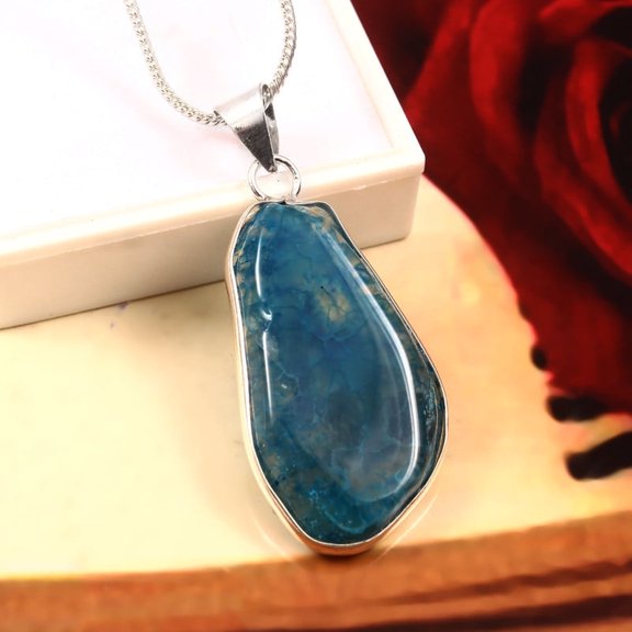 Gems N Jewels Exclusive Blue Agate Gemstone Pendant 925 Stelring Silver Jewelry