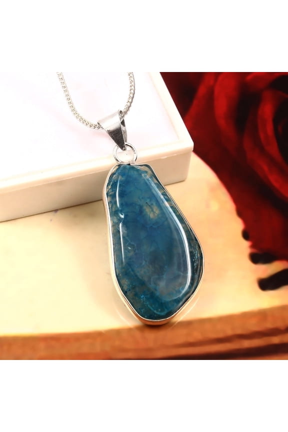 Exclusive Blue Agate Gemstone Pendant 925 Stelring Silver Jewelry
