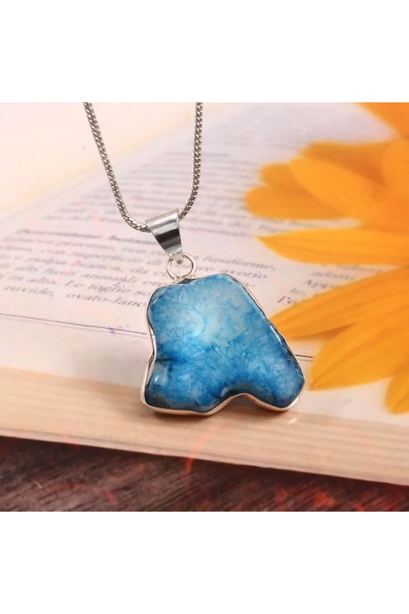 Genuine Blue Agate Gemstone Pendant 925 Sterling Silver Jewelry For Her