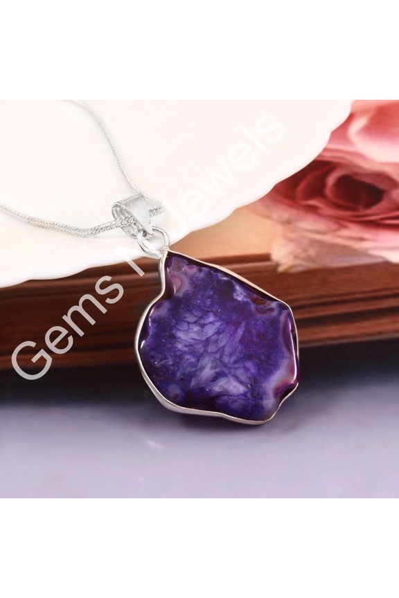 Genuine Purple Agate Gemstone Pendant 925 Sterling Silver Jewelry For Her