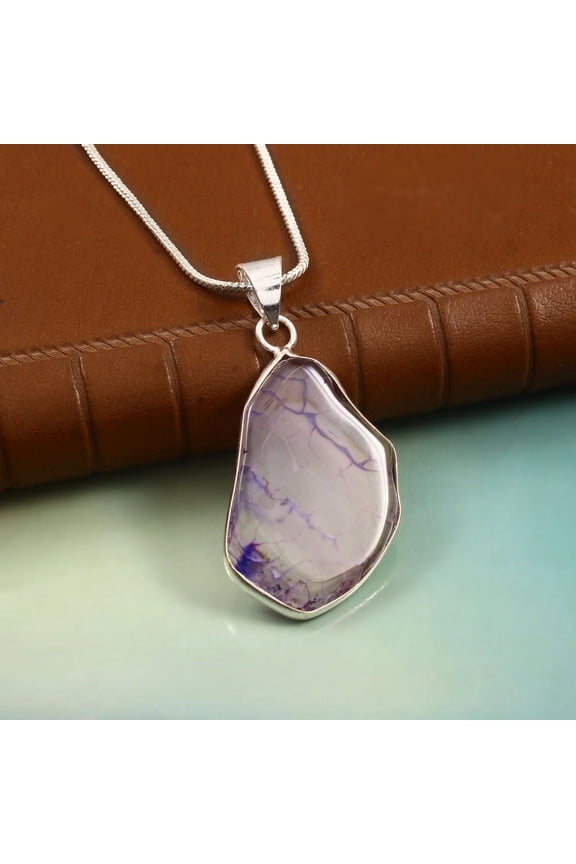 Genuine Purple Agate Pendant Necklace 925 Sterling Silver Gift Jewelry For Men/Women