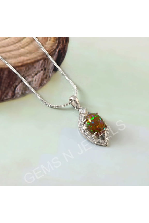 Natural Fire Black Opal Pendant Silver Jewelry For Gift Women