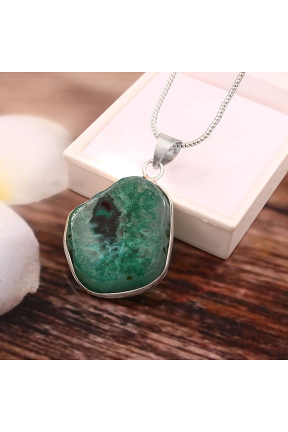 Pretty Green Agate Druzy Pendant 925 Sterling Silver Jewelry For Men/Women
