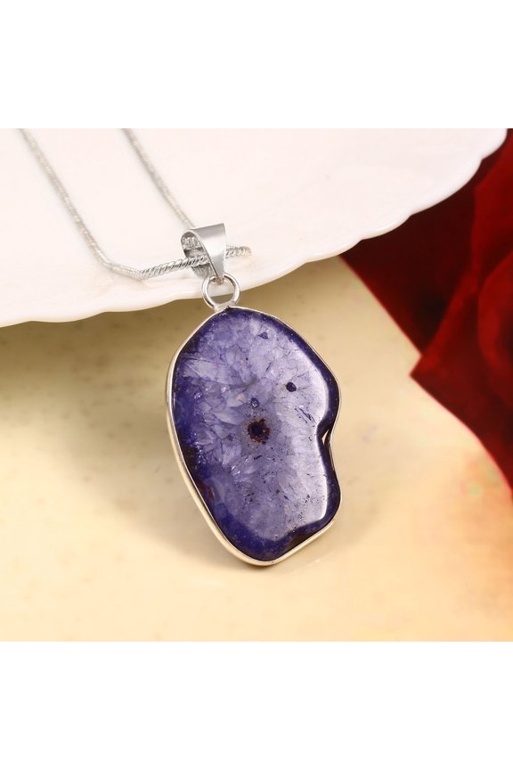 Elegant Blue Agate Gemstone Pendant 925 Sterling Silver Jewelry For Men/Women