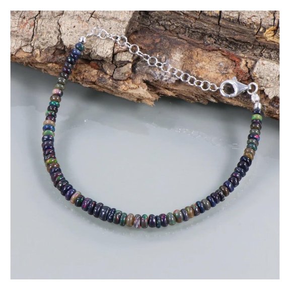 Gems In Silver Black Ethiopian Opal Smooth Bracelet for Men Women, 925 Sterling Silver Adjustable Gemstone Beaded Jewelry, Natural Healing Crystal, Blue