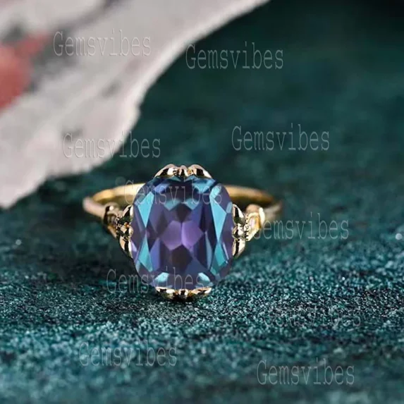 Gems Vibes Color Changing Alexandrite Ring For Women 925 Sterling Silver Ring Gift For her Oval Cut Gemstone Ring June Birthstone Alexandrite Ring Wedding Promise Ring